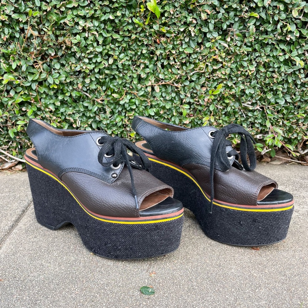 Marni platform sandals leather lace up w/ contrast stripe